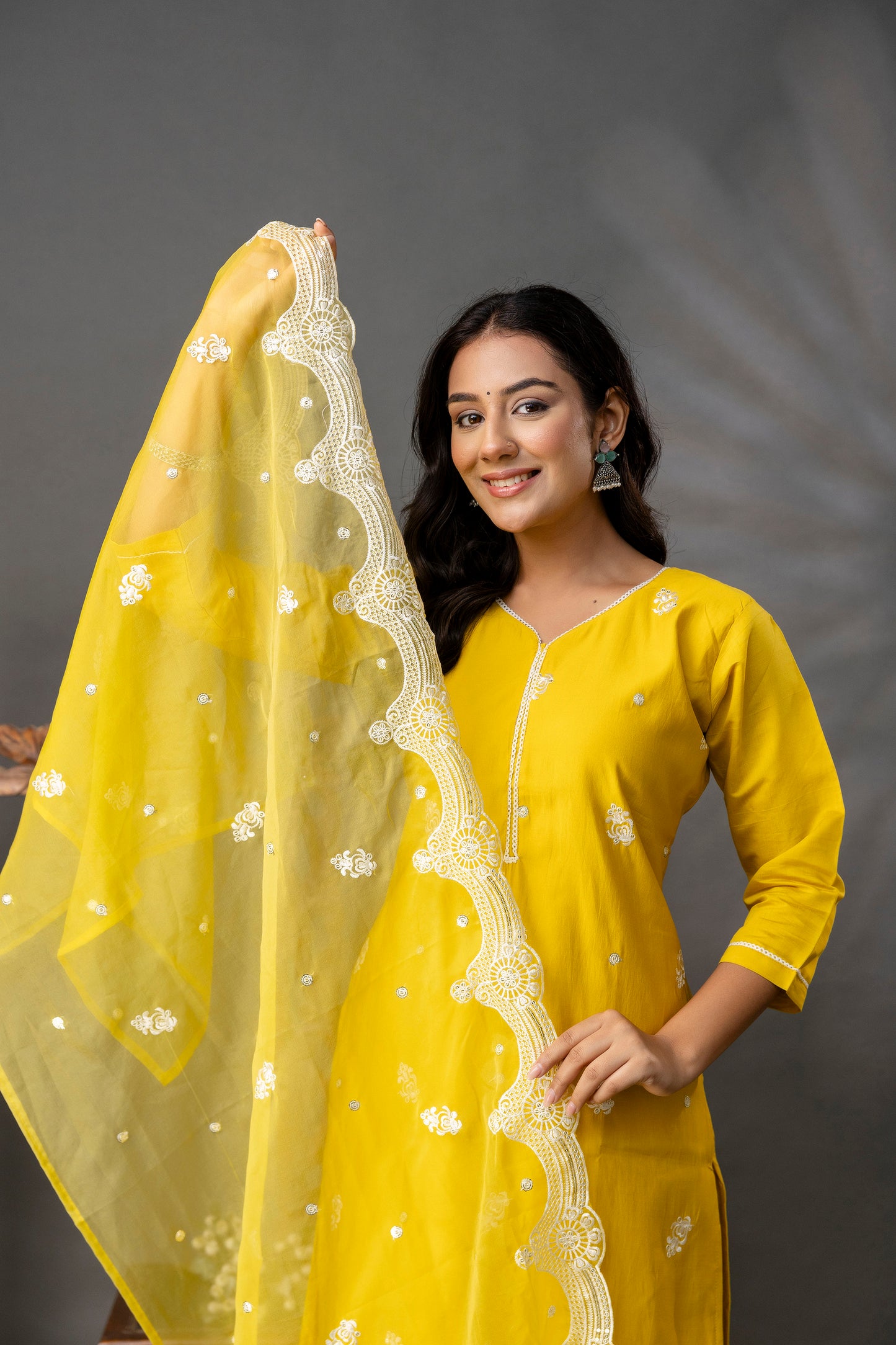 Thread Work Kurti with Plain Trouser Set