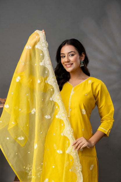 Thread Work Kurti with Plain Trouser Set