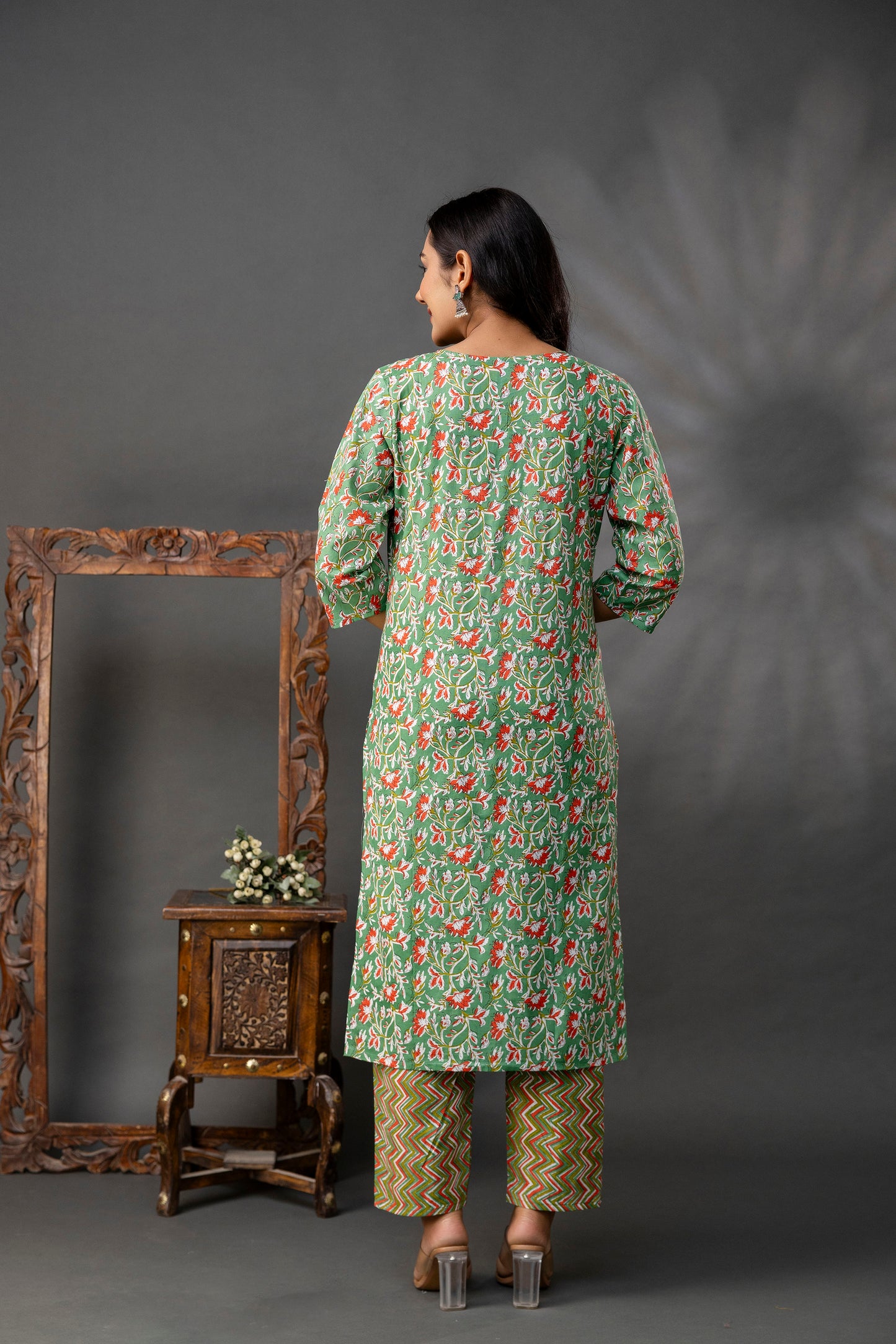 Printed V-Neck Kurti with Thread Work Set