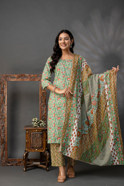 Printed V-Neck Kurti with Thread Work Set