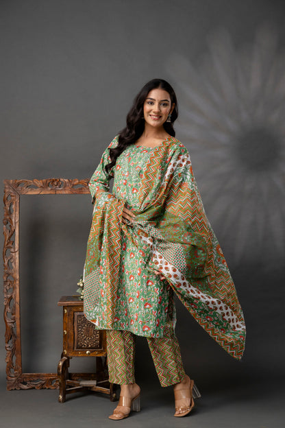 Printed V-Neck Kurti with Thread Work Set