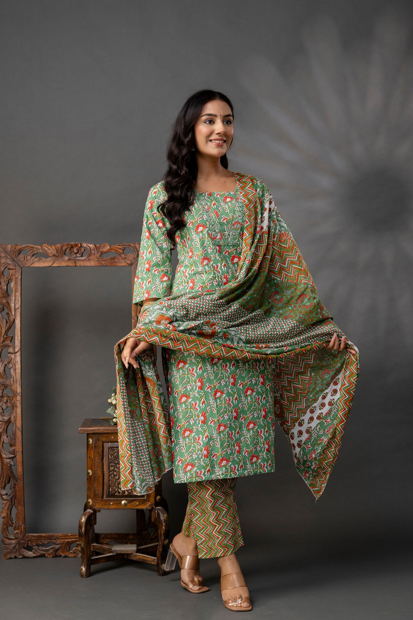 Printed V-Neck Kurti with Thread Work Set