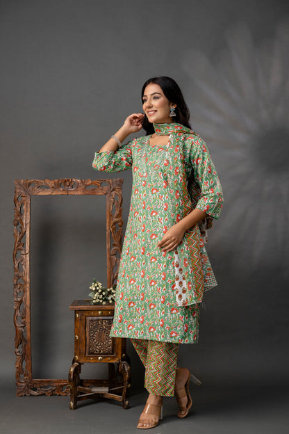 Printed V-Neck Kurti with Thread Work Set