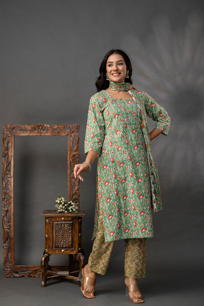 Printed V-Neck Kurti with Thread Work Set