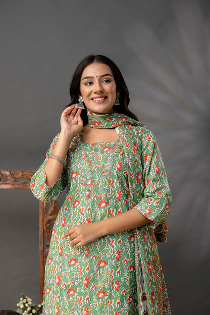 Printed V-Neck Kurti with Thread Work Set