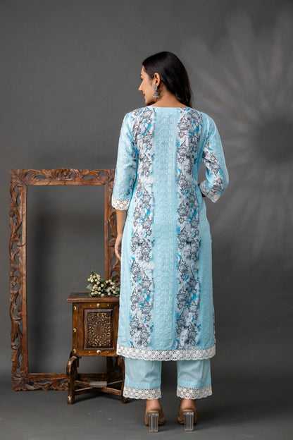 Printed Straight Kurti with V-Wing Work Set
