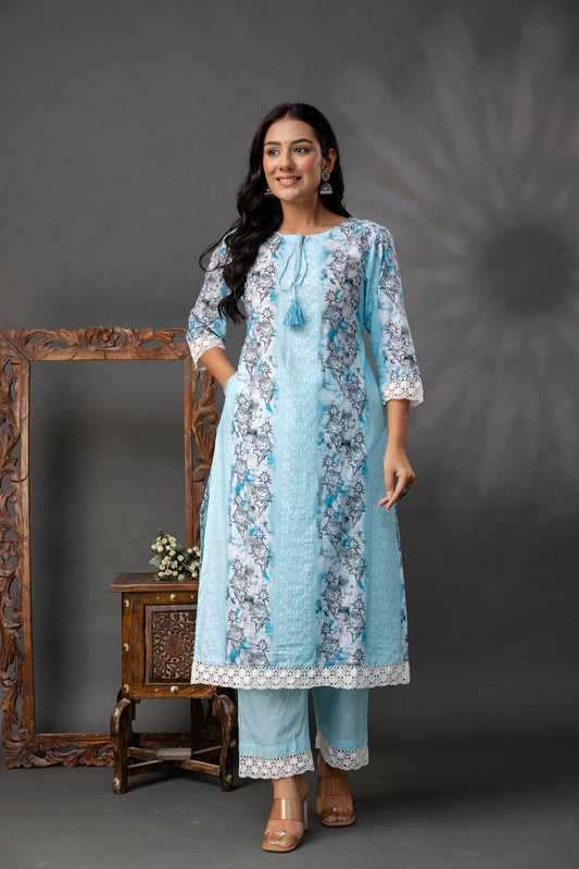 Printed Straight Kurti with V-Wing Work Set