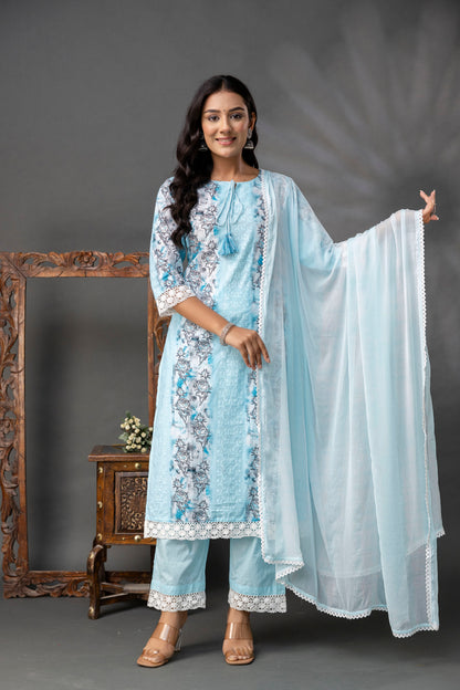 Printed Straight Kurti with V-Wing Work Set