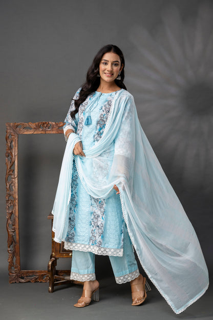 Printed Straight Kurti with V-Wing Work Set