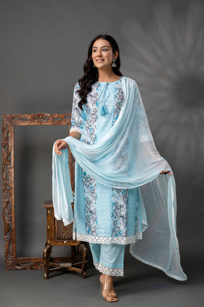 Printed Straight Kurti with V-Wing Work Set