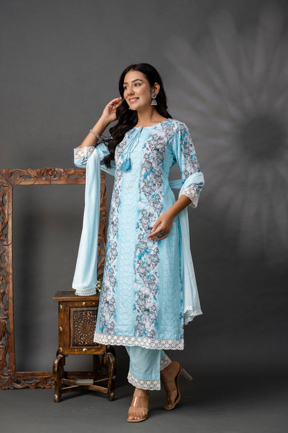 Printed Straight Kurti with V-Wing Work Set