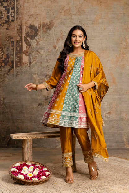 Silk Frock Set with Jari Work and Matching Dupatta