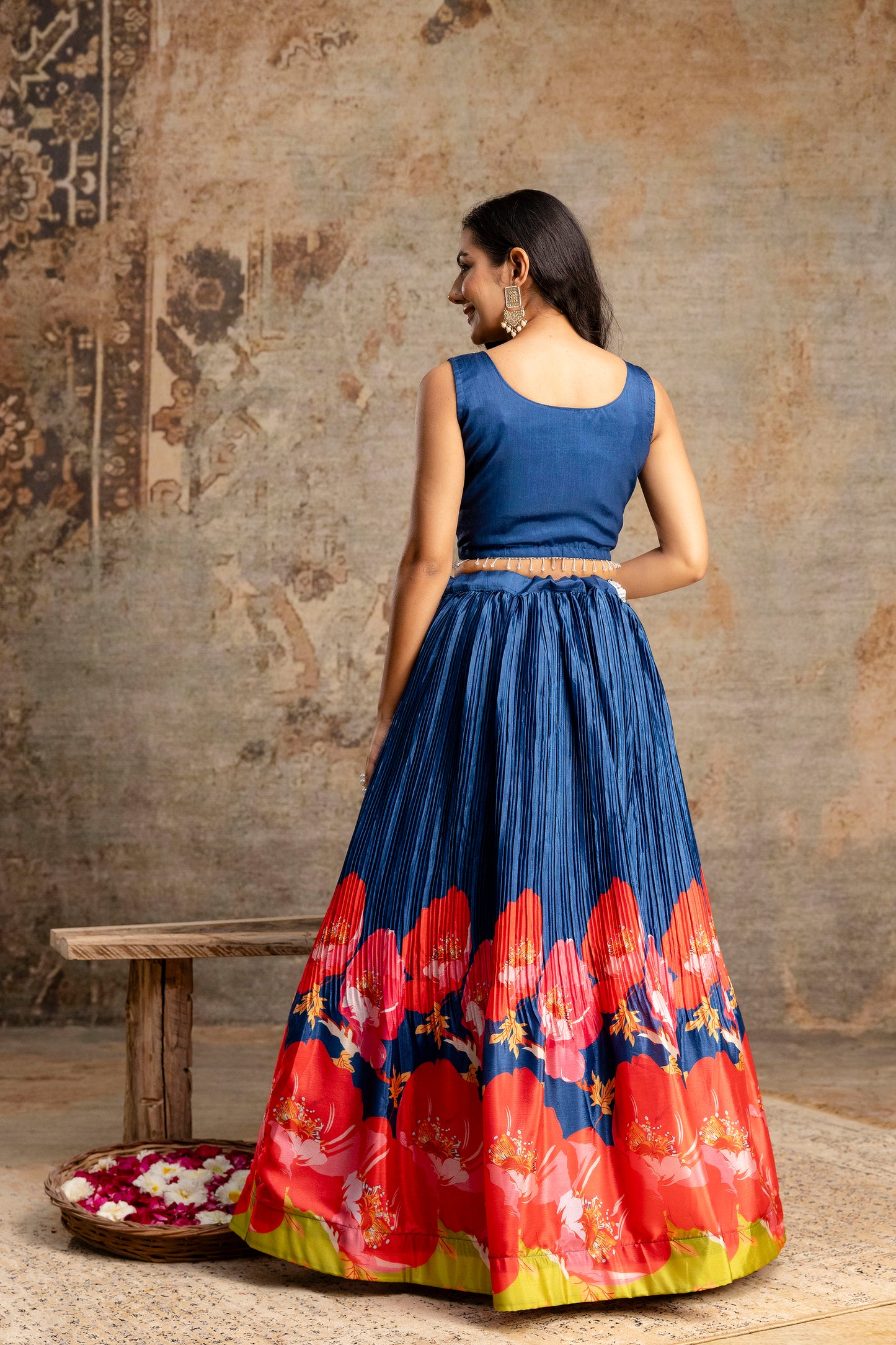 Handworked Crop Top with Printed Skirt and Net Dupatta