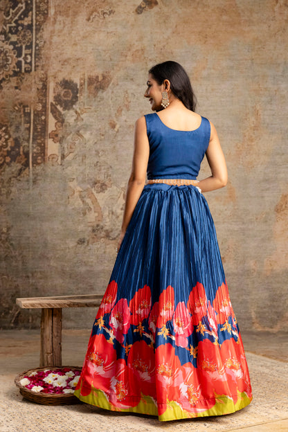 Handworked Crop Top with Printed Skirt and Net Dupatta