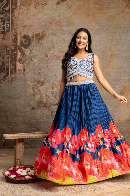 Handworked Crop Top with Printed Skirt and Net Dupatta