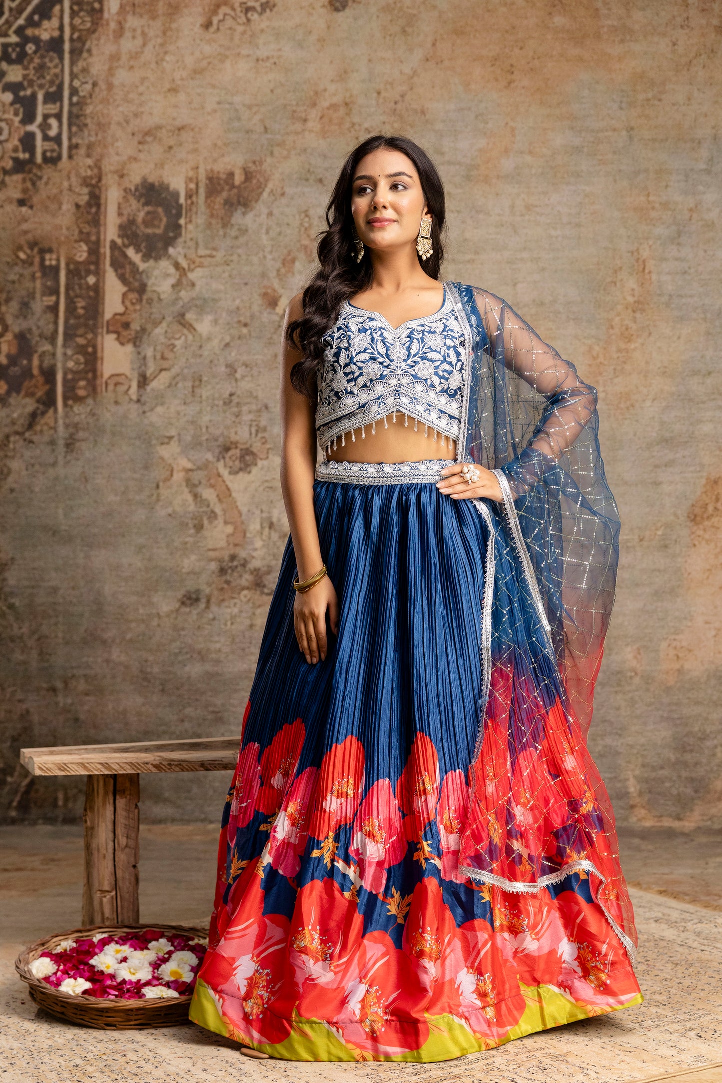 Handworked Crop Top with Printed Skirt and Net Dupatta
