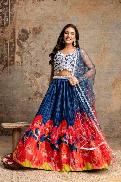 Handworked Crop Top with Printed Skirt and Net Dupatta