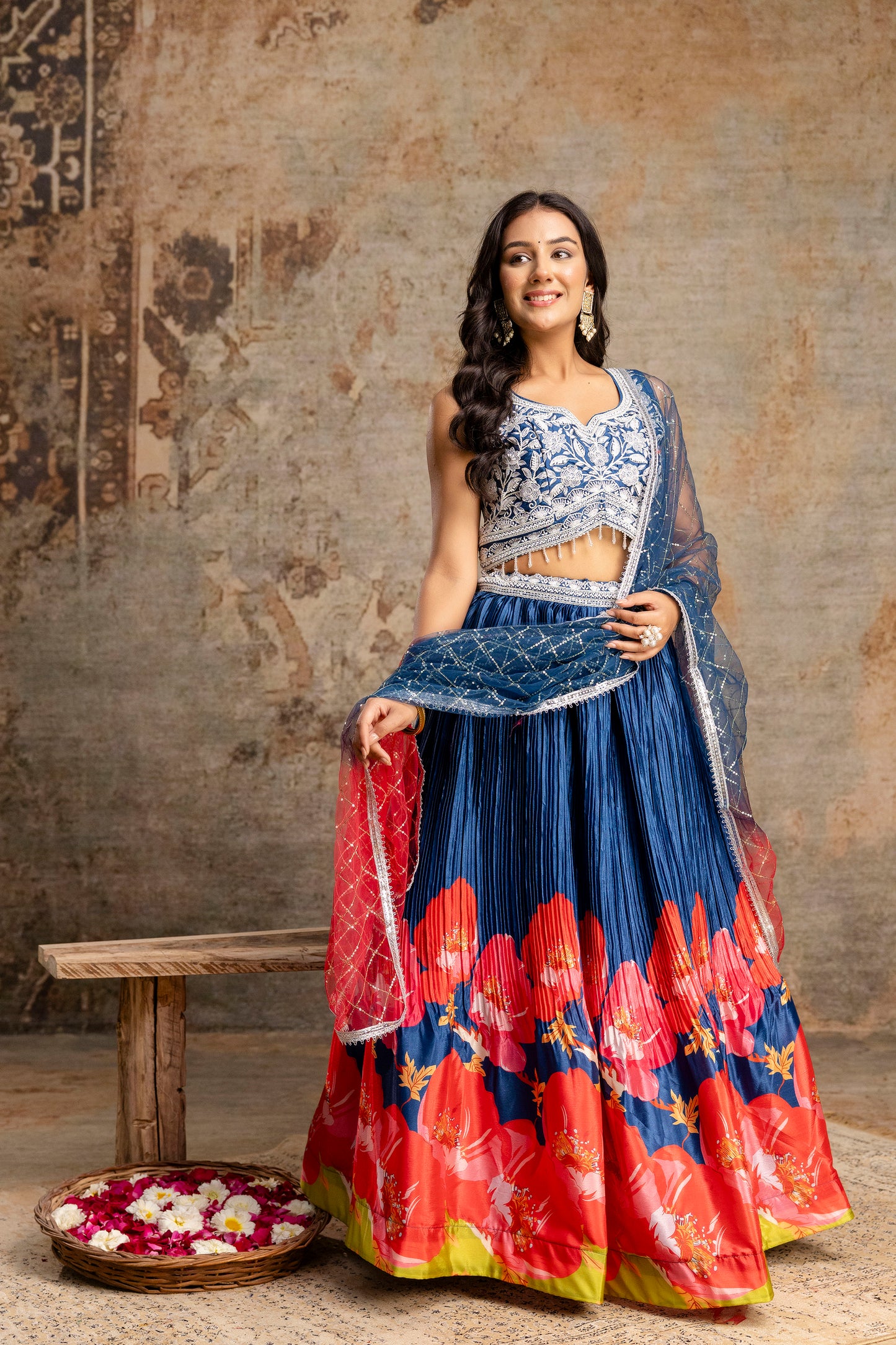 Handworked Crop Top with Printed Skirt and Net Dupatta