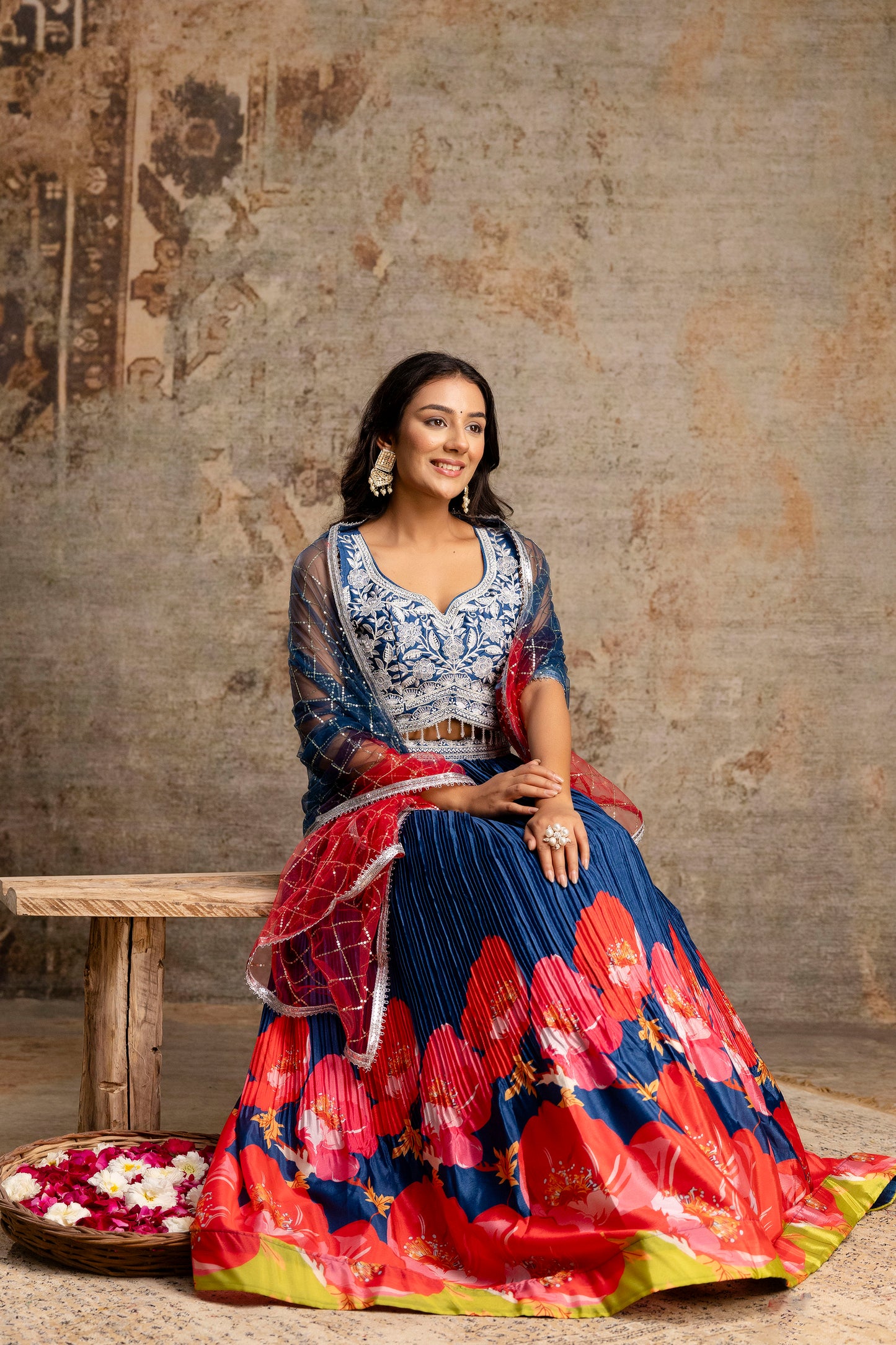 Handworked Crop Top with Printed Skirt and Net Dupatta