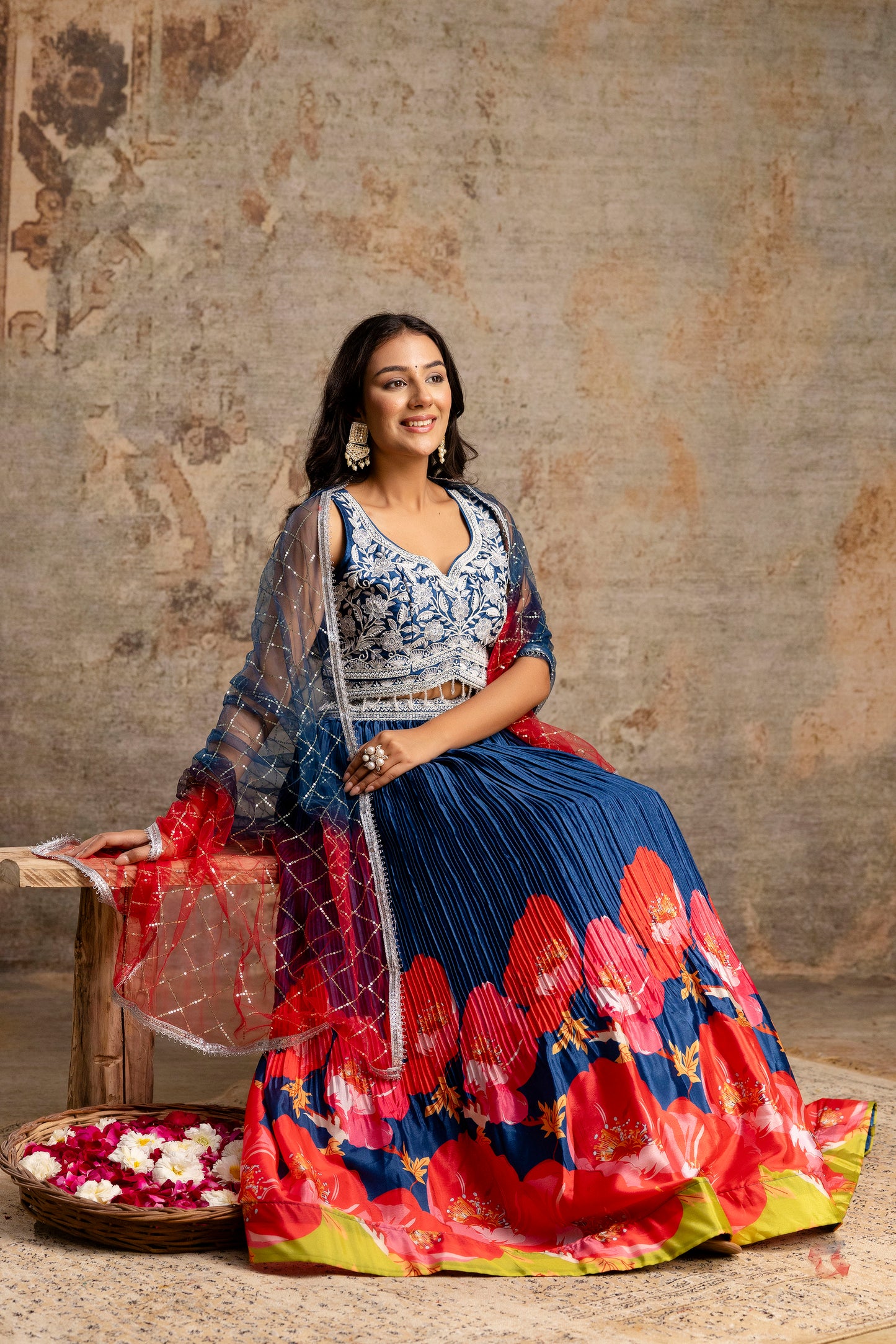 Handworked Crop Top with Printed Skirt and Net Dupatta