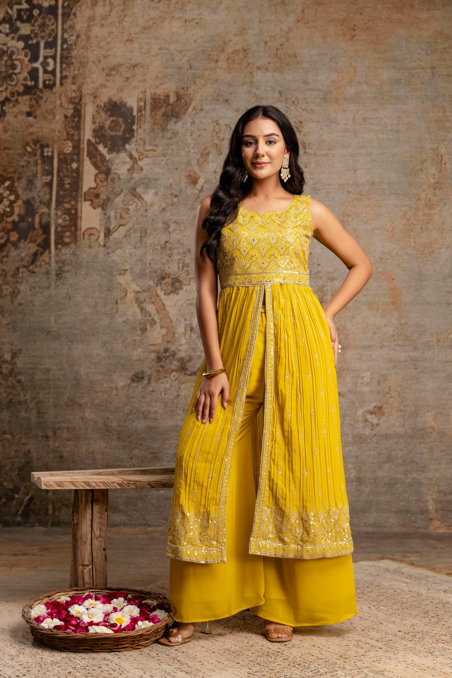 Front-Cut Long Top with Palazzos – Georgette