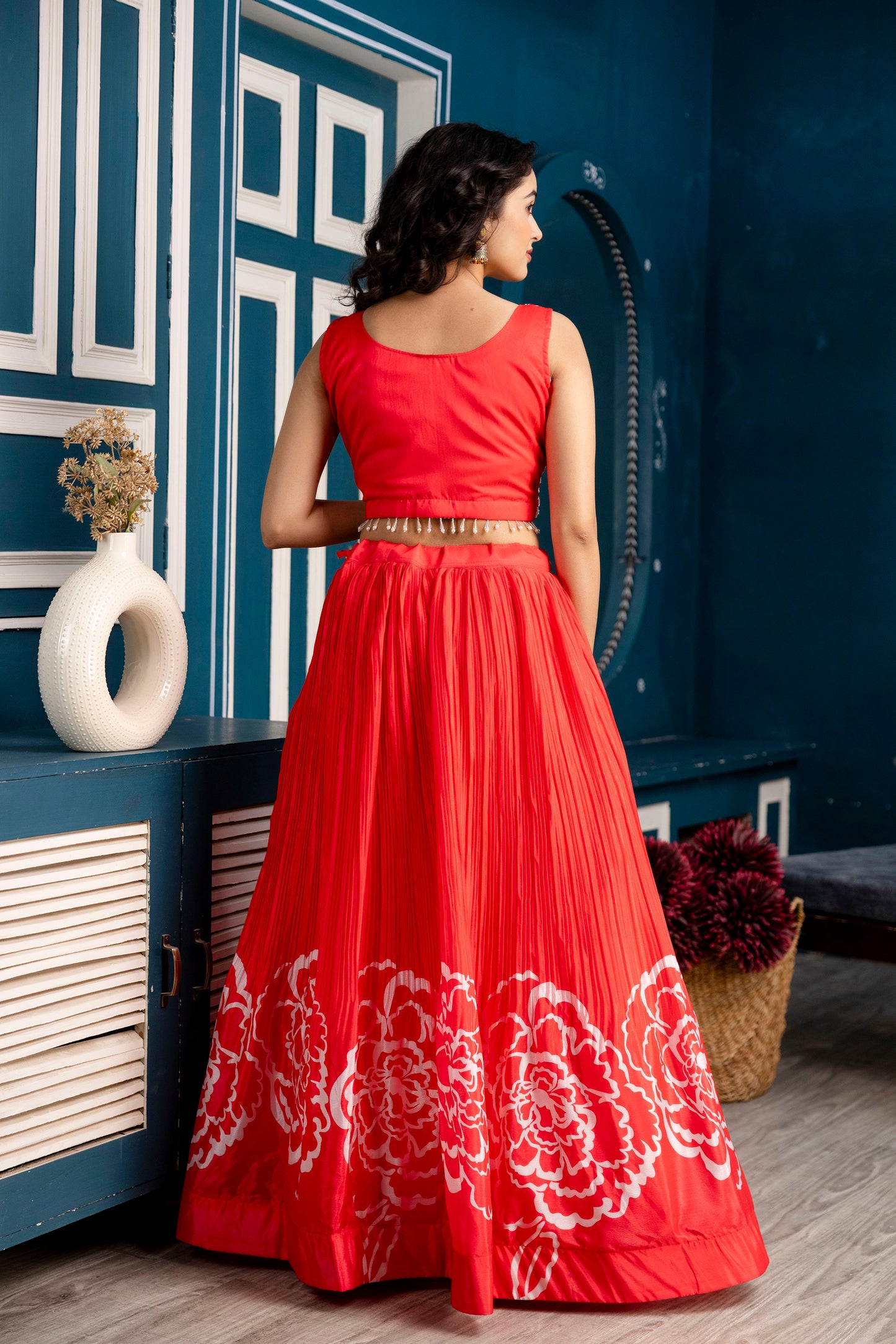 Silk Crop Top with Printed Skirt and Net Dupatta