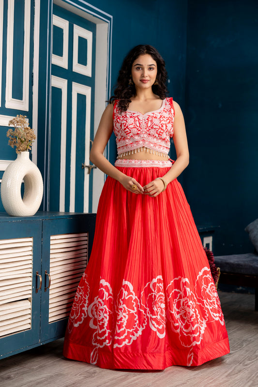 Silk Crop Top with Printed Skirt and Net Dupatta