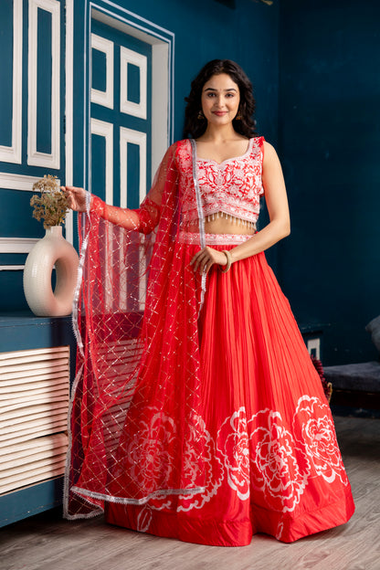 Silk Crop Top with Printed Skirt and Net Dupatta