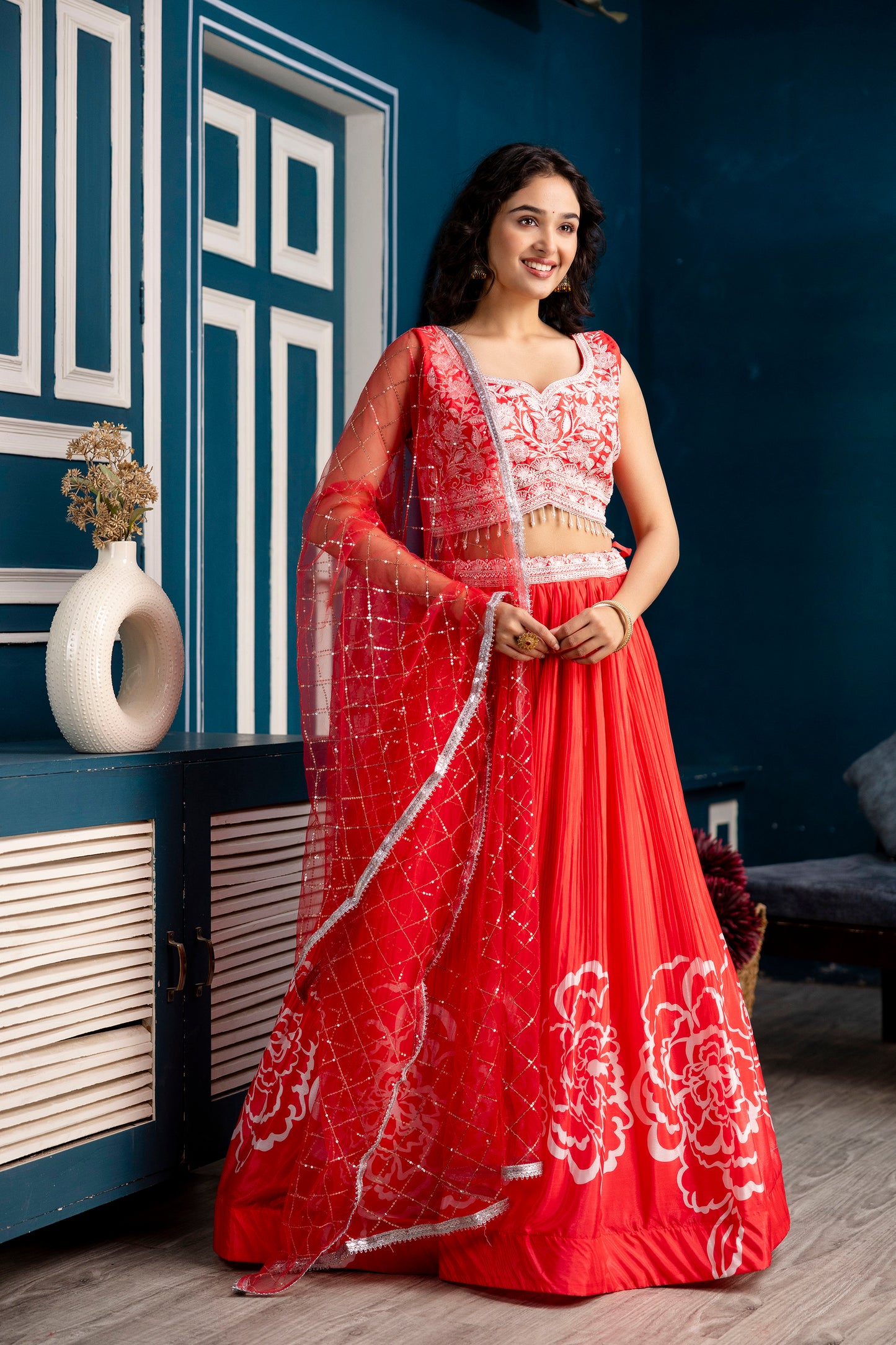 Silk Crop Top with Printed Skirt and Net Dupatta