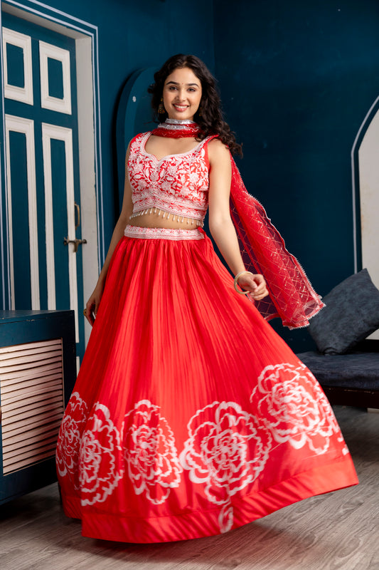 Silk Crop Top with Printed Skirt and Net Dupatta