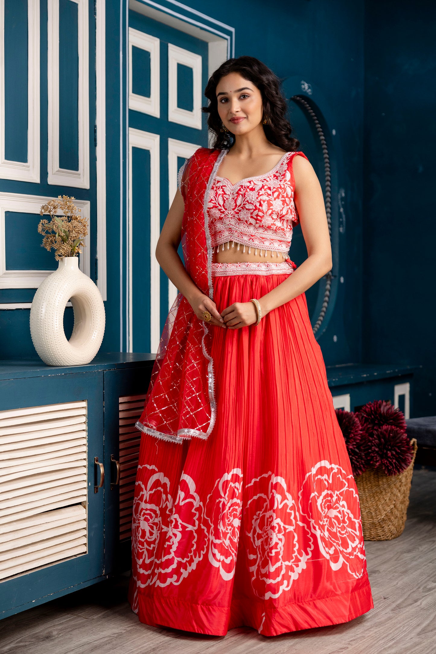 Silk Crop Top with Printed Skirt and Net Dupatta