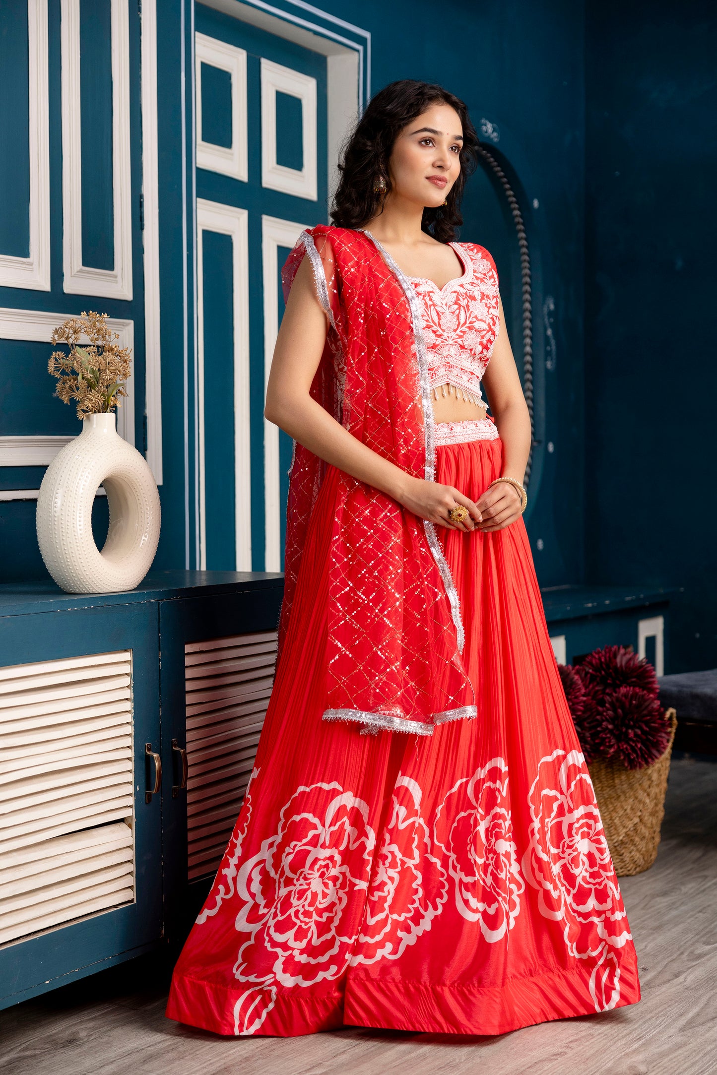 Silk Crop Top with Printed Skirt and Net Dupatta