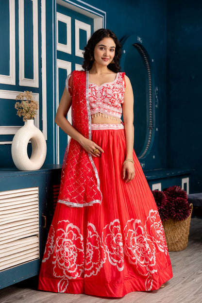 Silk Crop Top with Printed Skirt and Net Dupatta