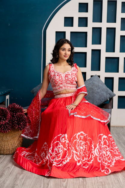 Silk Crop Top with Printed Skirt and Net Dupatta