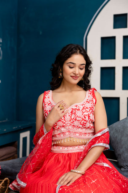 Silk Crop Top with Printed Skirt and Net Dupatta