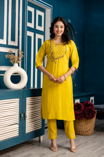 Handworked Kurti Set with Plain Trouser & Dupatta
