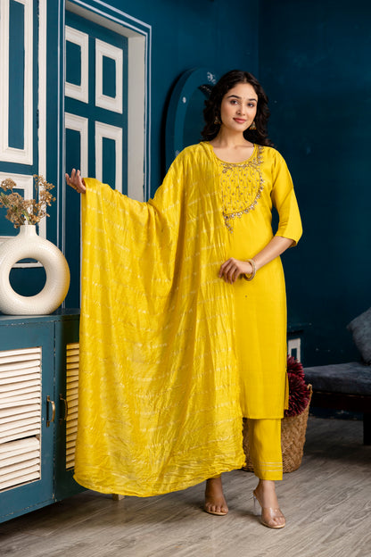Handworked Kurti Set with Plain Trouser & Dupatta