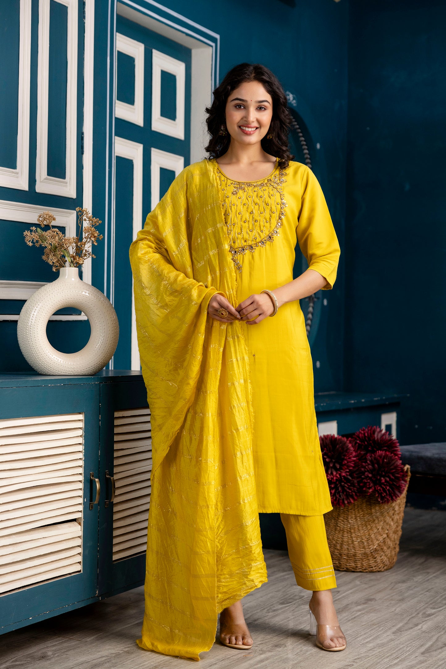 Handworked Kurti Set with Plain Trouser & Dupatta