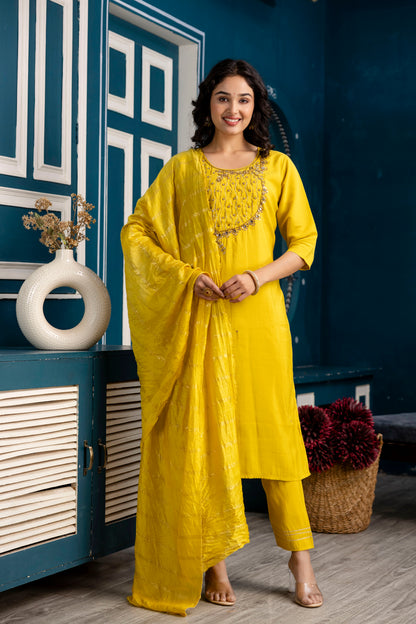 Handworked Kurti Set with Plain Trouser & Dupatta