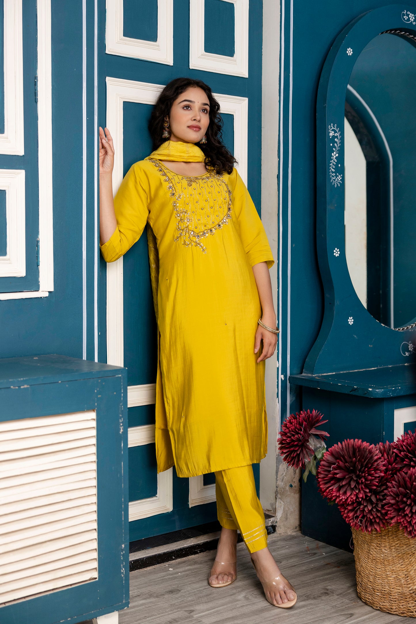 Handworked Kurti Set with Plain Trouser & Dupatta