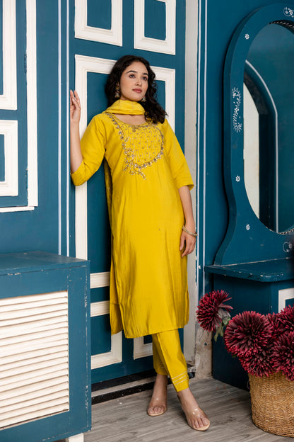 Handworked Kurti Set with Plain Trouser & Dupatta
