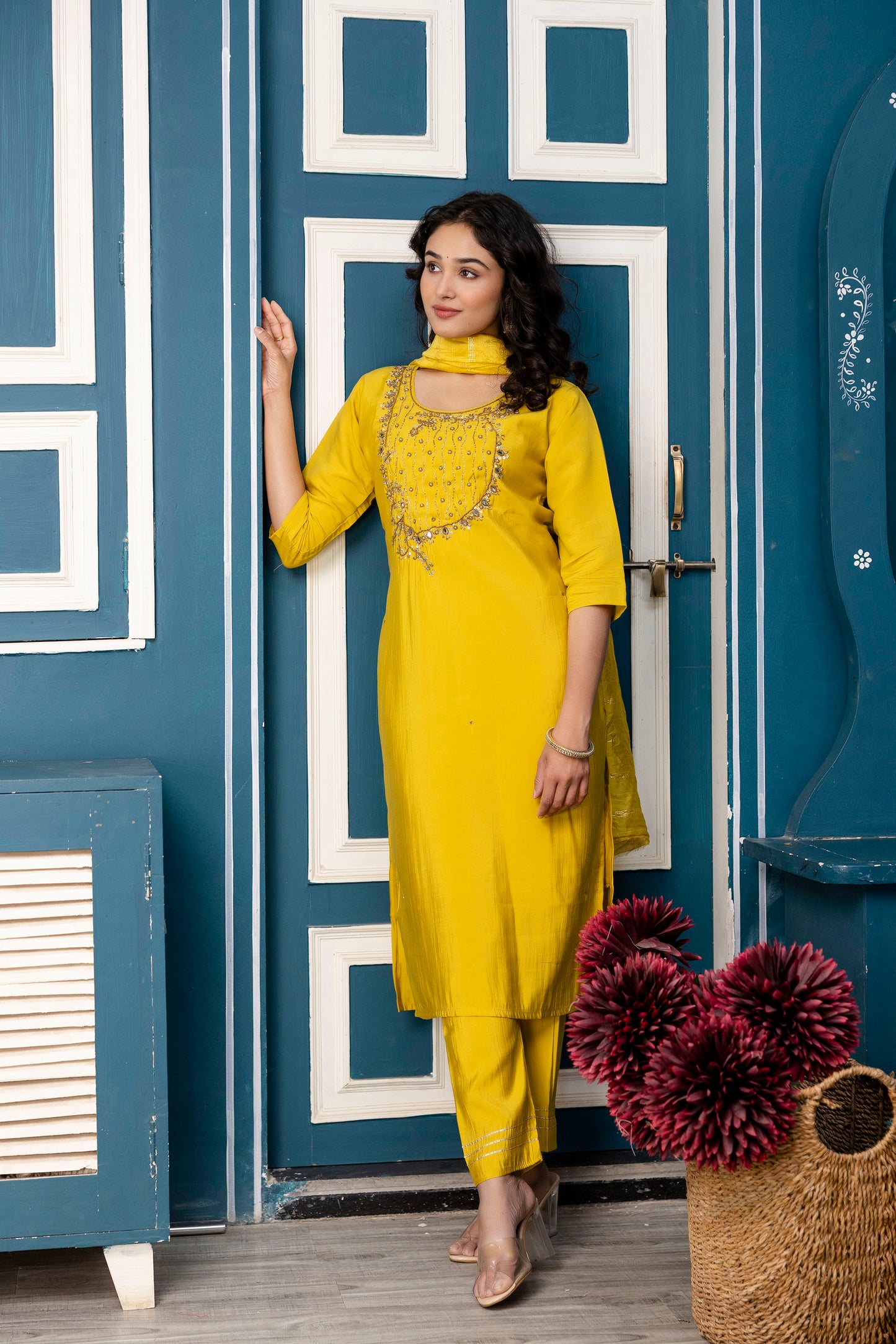 Handworked Kurti Set with Plain Trouser & Dupatta