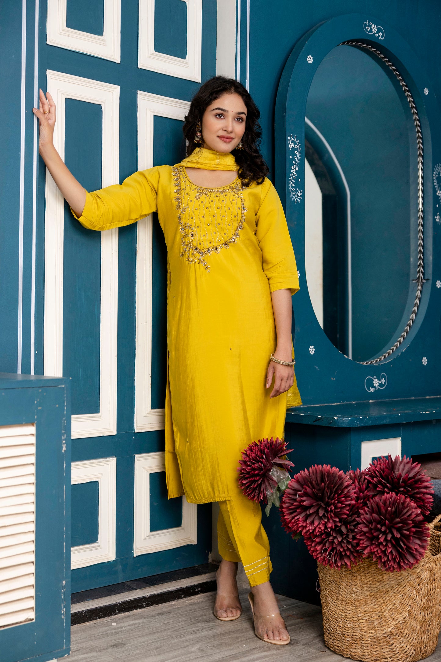 Handworked Kurti Set with Plain Trouser & Dupatta