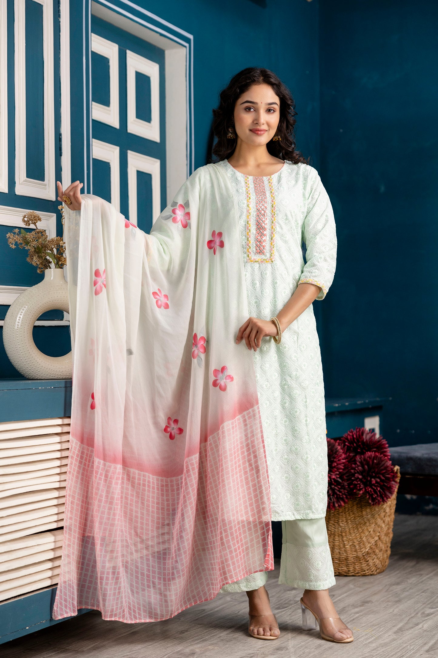 Chinnon Gotta Patti Kurti Set with Chicken Border Trouser & Printed Dupatta