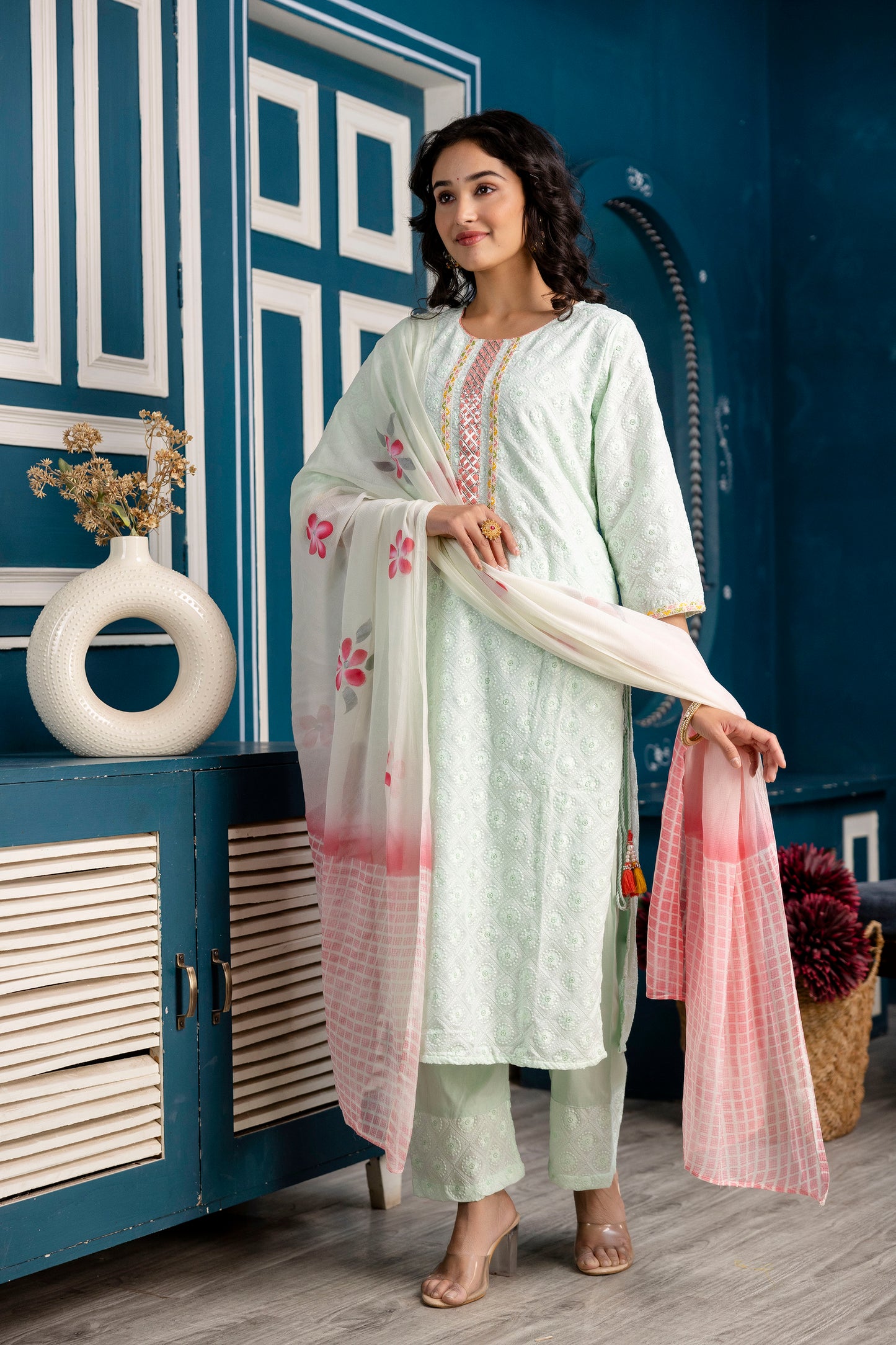 Chinnon Gotta Patti Kurti Set with Chicken Border Trouser & Printed Dupatta