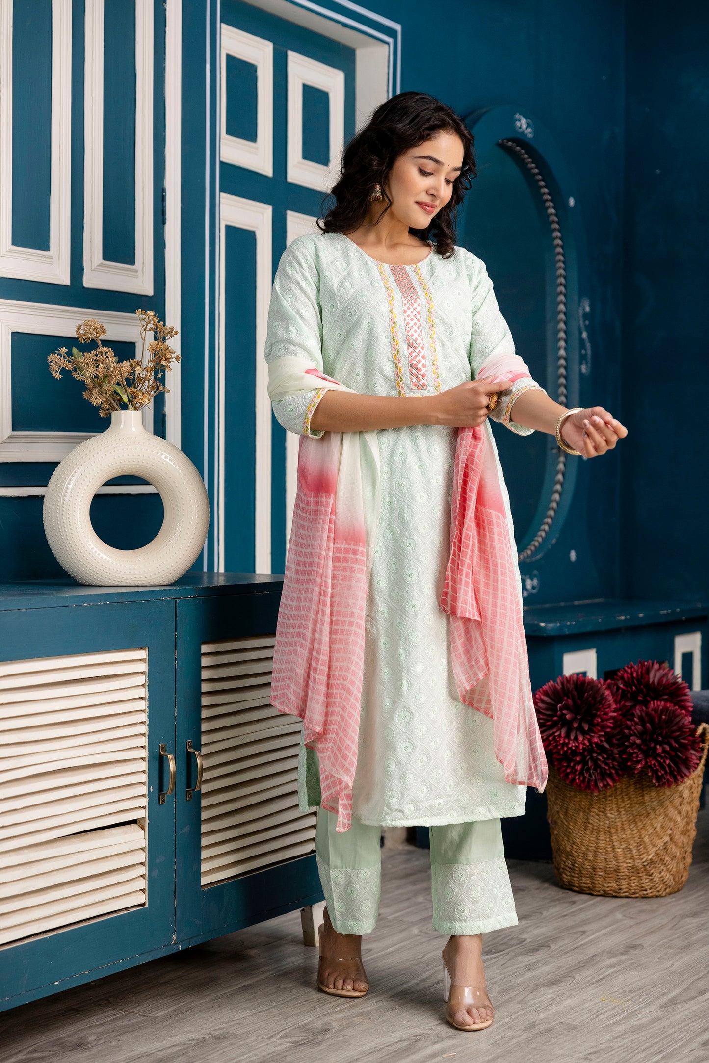 Chinnon Gotta Patti Kurti Set with Chicken Border Trouser & Printed Dupatta