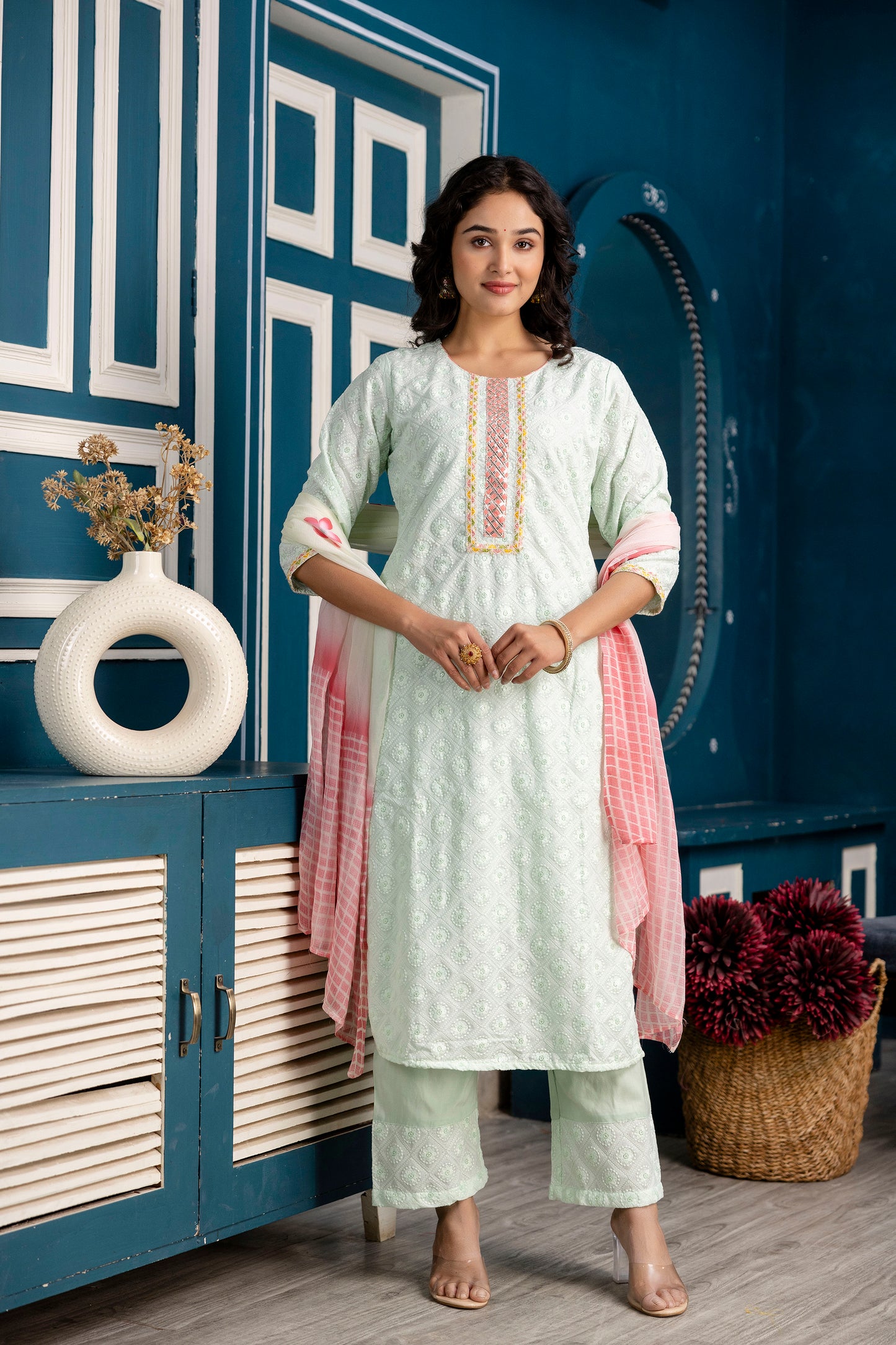 Chinnon Gotta Patti Kurti Set with Chicken Border Trouser & Printed Dupatta