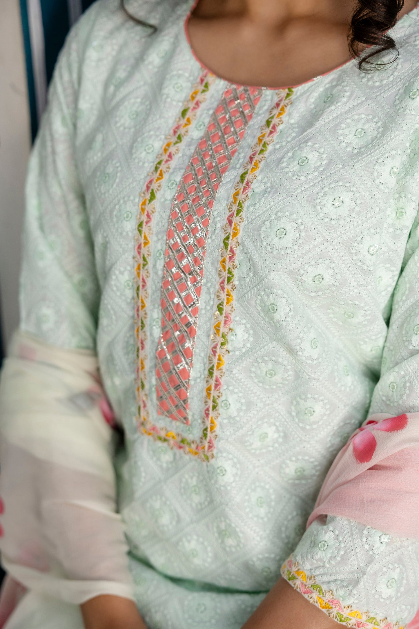 Chinnon Gotta Patti Kurti Set with Chicken Border Trouser & Printed Dupatta