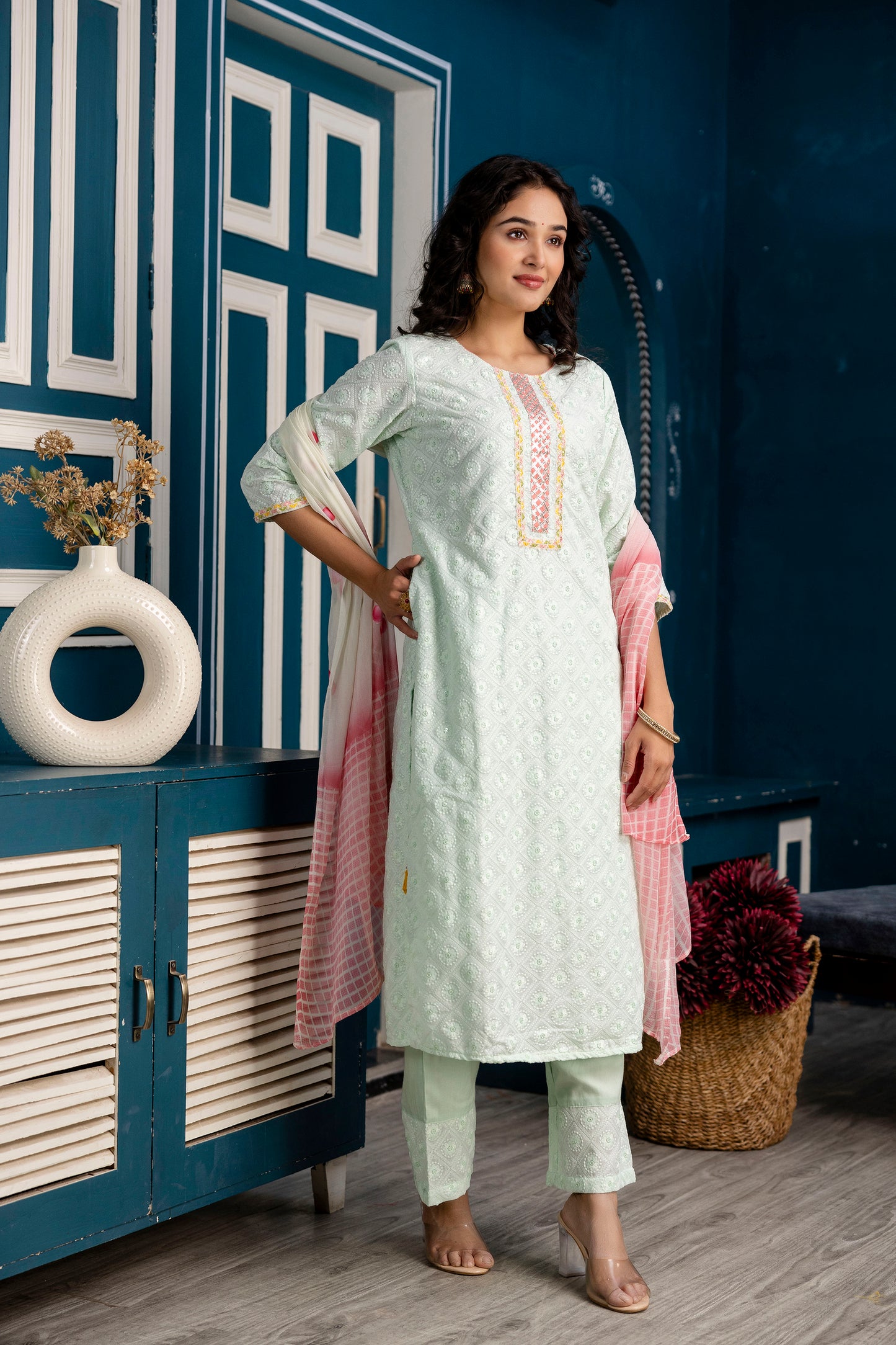 Chinnon Gotta Patti Kurti Set with Chicken Border Trouser & Printed Dupatta
