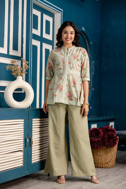 Chicken Embroidered Digital Print Kurti with Plain Flapper